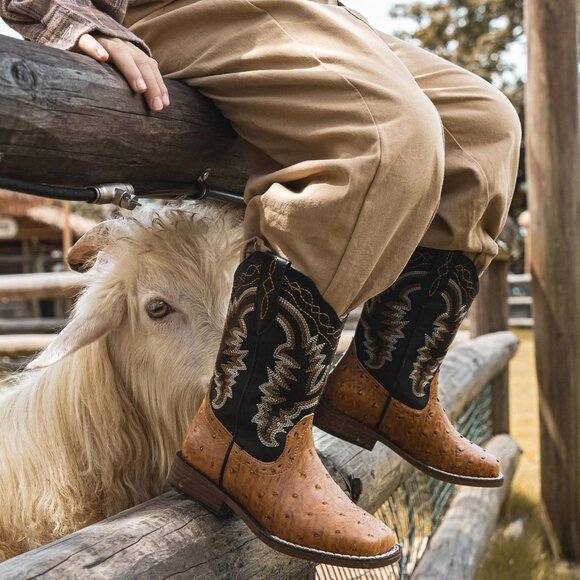 ⚡Kid Brown Ostrich Synthetic Cowboy Riding Shoes Square Toe Wide Calf Boot - Picture 2 of 6